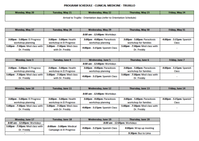 Clinic Weekly Program Examples Clinical Medicine | Vive Peru