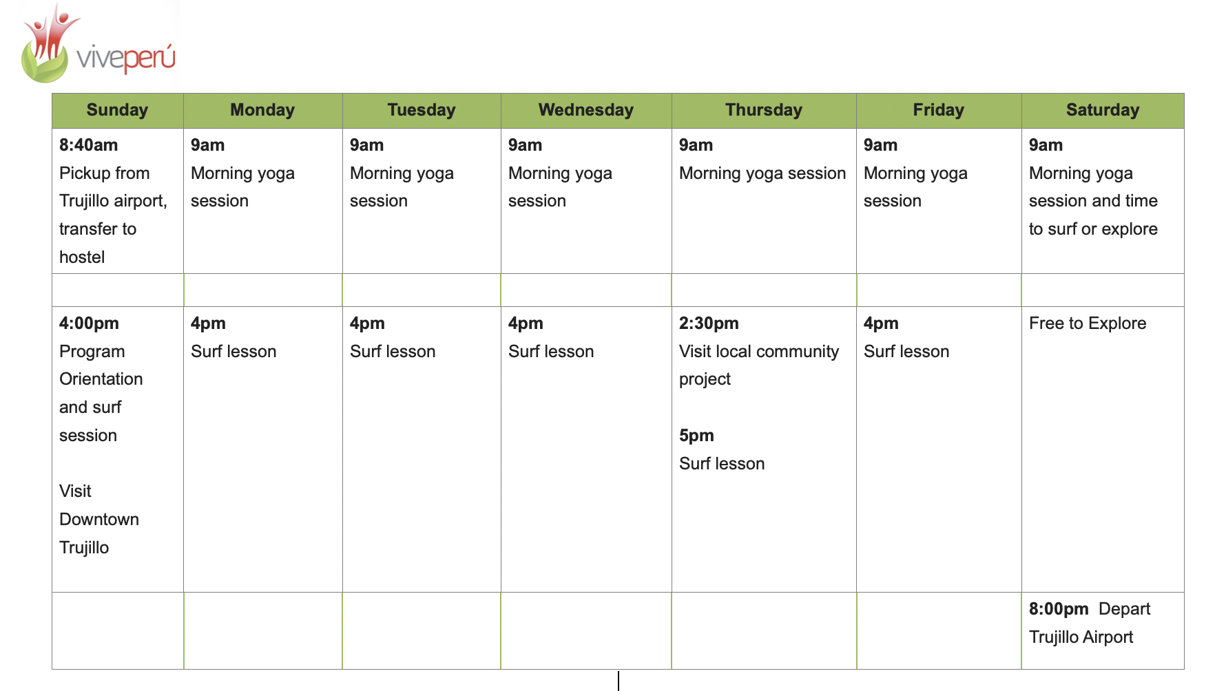 Sample Vive Peru Surf & Yoga Camp Schedule / Itinerary
