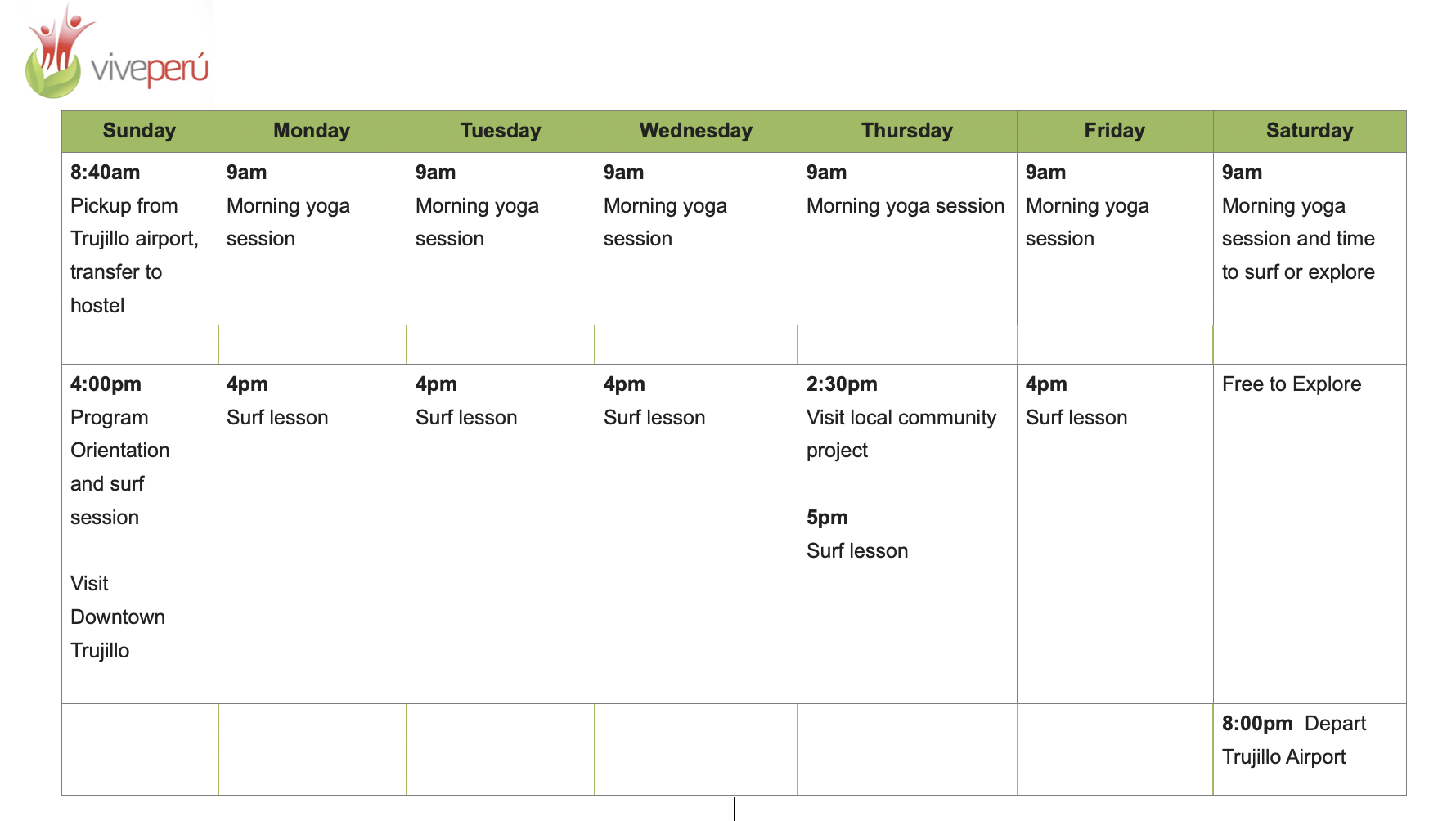 Screen Shot 2023-01-29 at 11.01.09 AM Sample Vive Peru Surf & Yoga Camp Schedule / Itinerary